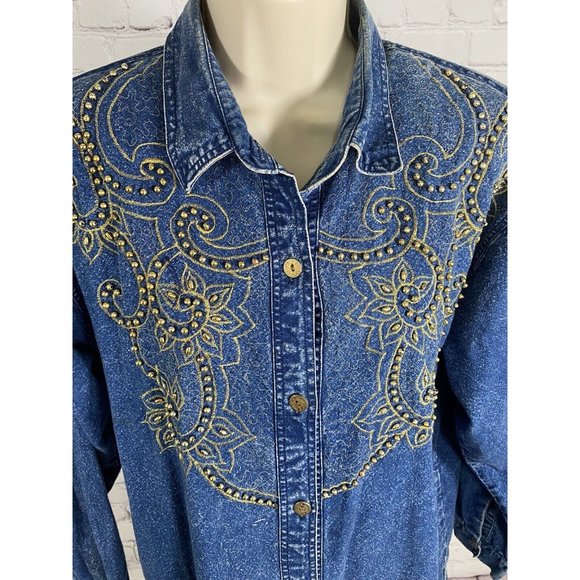 VTG Club Z Denim Long Sleeve Button Down Embroidered Beaded Denim Blouse Women S - Picture 6 of 14